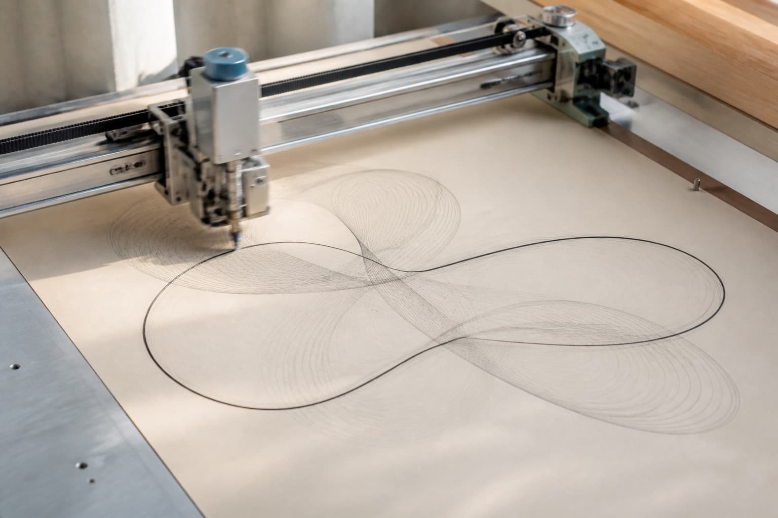 A precision plotter drawing a series of evolving paths